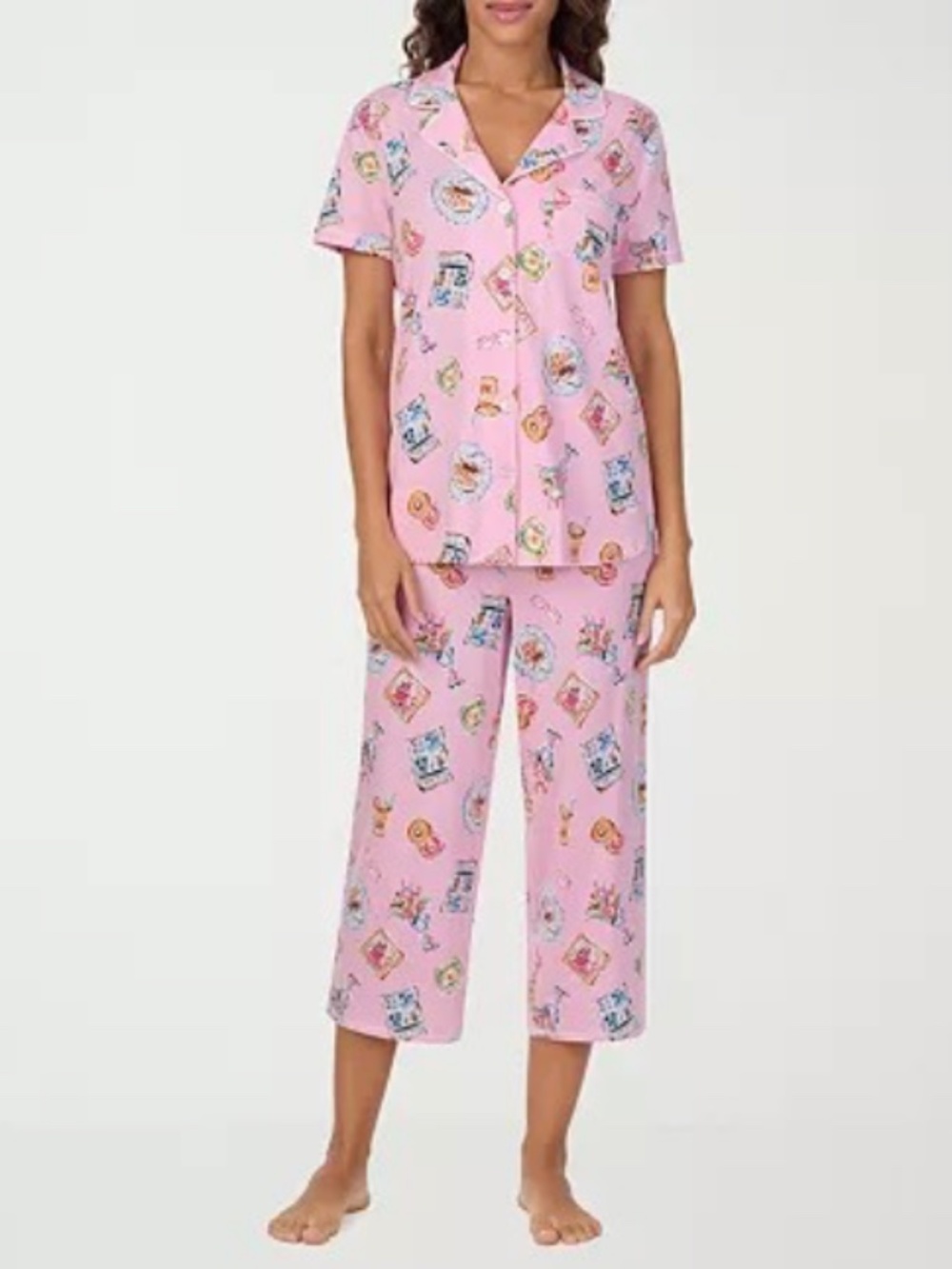 Cuddl Duds Women's Printed Collared Cropped Pajama Set - Breakfast Print XL